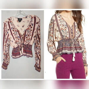 Angie Smocked Floral Long Sleeve Lace Up Blouse Top Peasant Gypsy Boho Size XS